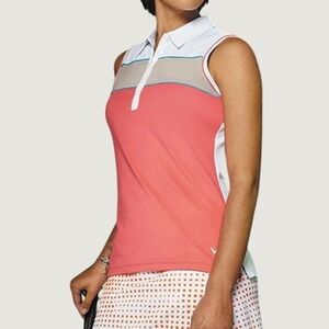Callaway Womens Sleeveless Golf Polo Coral White Large Opti-Dri Colorblock Top